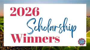 Banner reads '2026 Scholarship Winners' with 'Scholarship' in blue script; Farm Bureau logo bottom-right over a rural field.